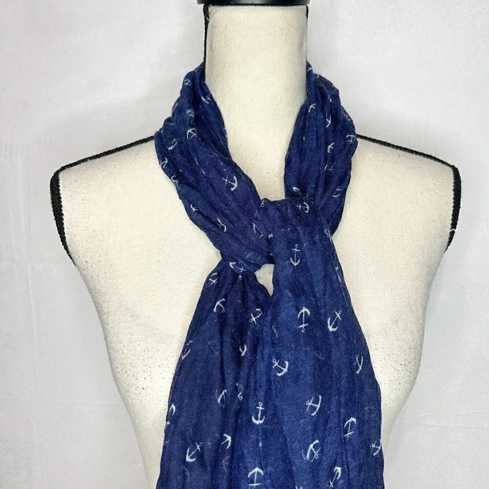 Nautical Marine Anchor Pattern Print Scarf Semi-Sheer Approximately 70x20